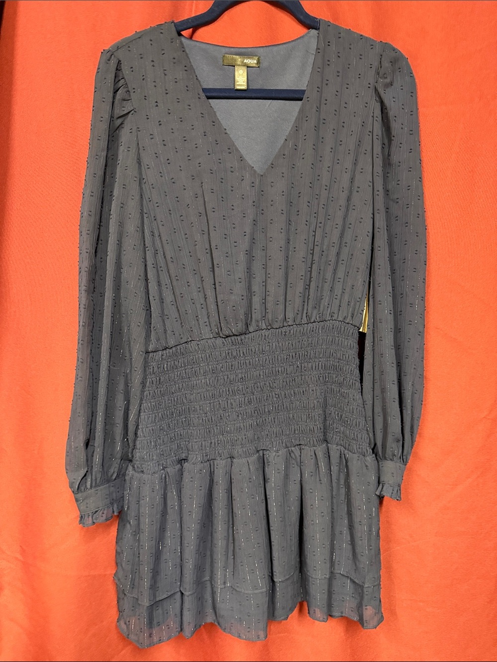 NWT Aqua navy blue V-Neck Long Sleeve Smocked Waist Dress with Dotted Texture